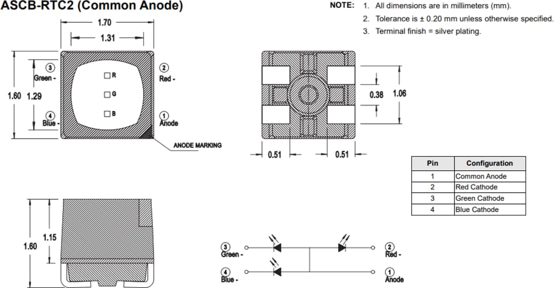 Mechanical Drawing - Broadcom ASCB-RTCx Tricolor PLCC-4 LEDs