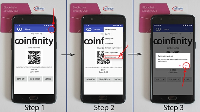 Switching to a test network in the Coinfinity mobile app